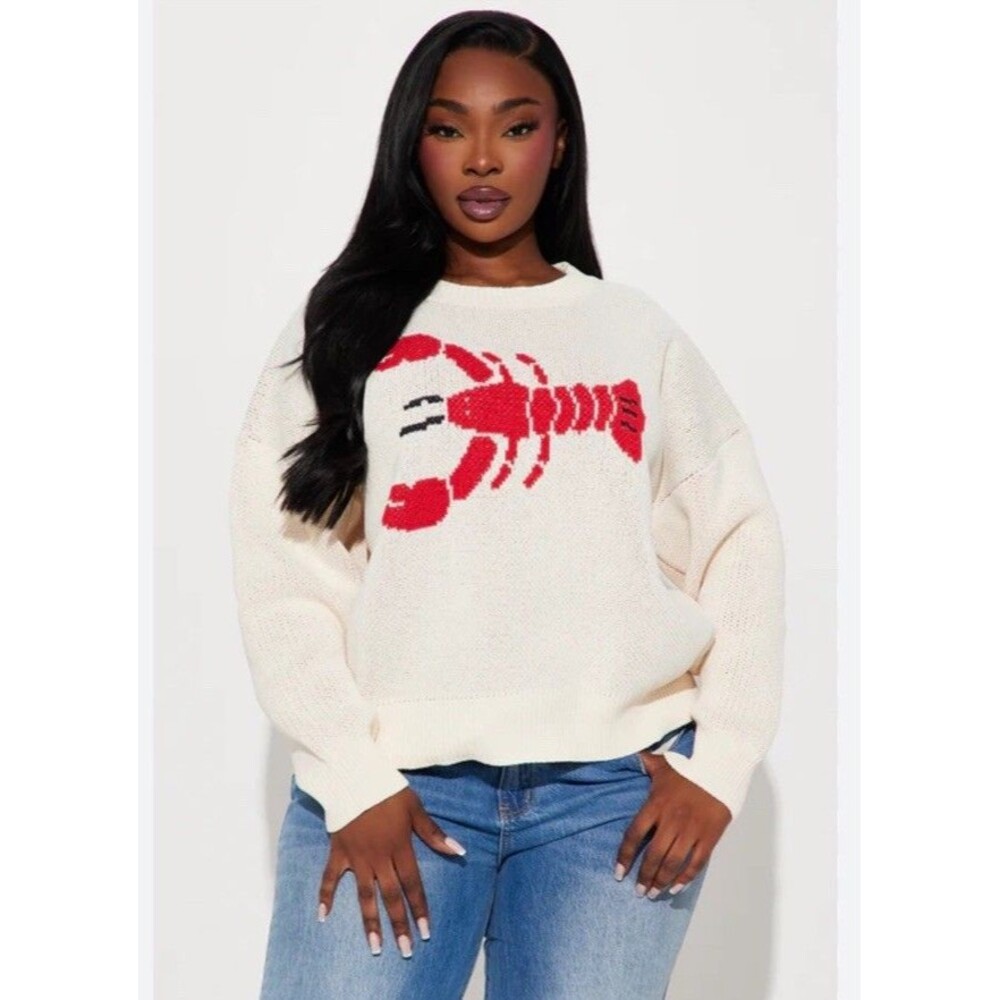 Fashion Nova Nantucket Nights Lobster Sweater Oversized Cream Red Medium NWT's